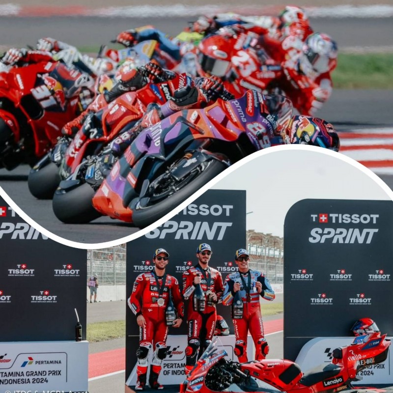 Foto Momen Keseruan saat Francesco Bagnaia Memimpin Balapan dan Berada di Atas Podium Bersama Enea Bastianini & Marc Marquez dalam Sprint Race di Pertamina Mandalika International Circuit pada Sabtu (28/9/2024) (Sumber: Humas ITDC)